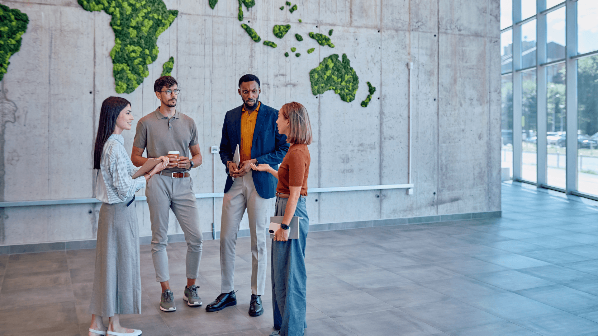 Workplace professionals discussing sustainability strategy in a modern building, illustrating the role of facilities management in achieving net zero targets.