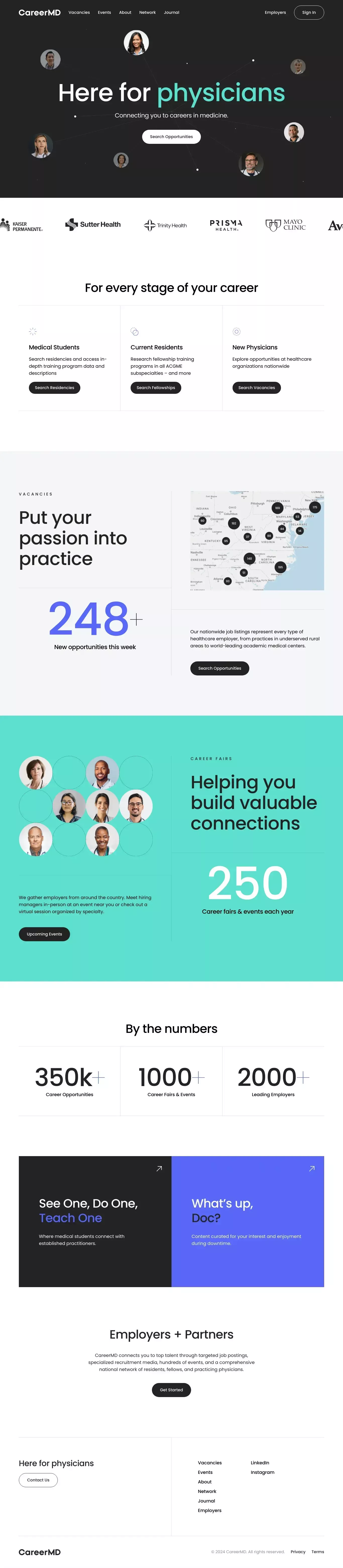 Career tools for Physicians landing page screenshot showcasing Medical and Tech design