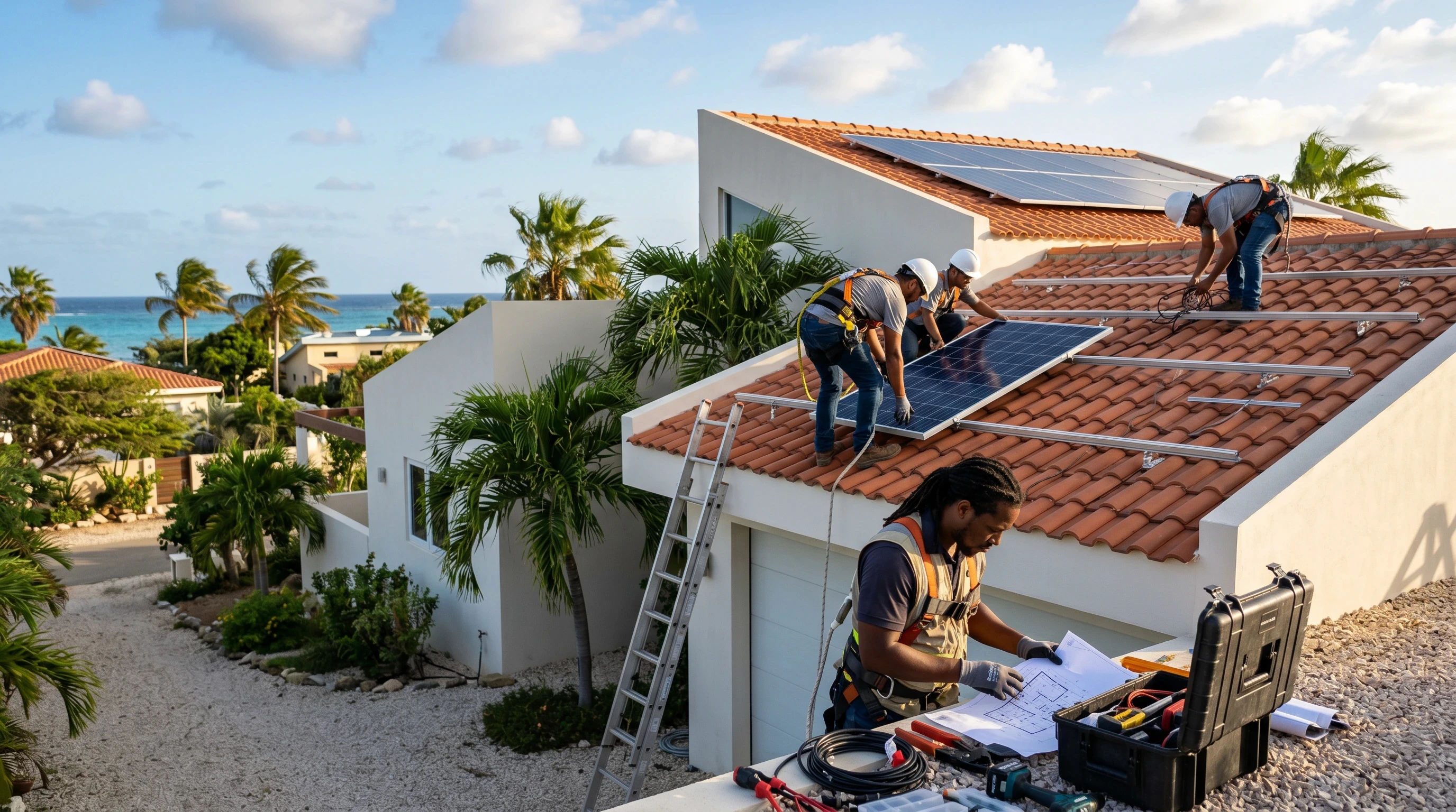 Hero image. Installing solar panels. How it works page.