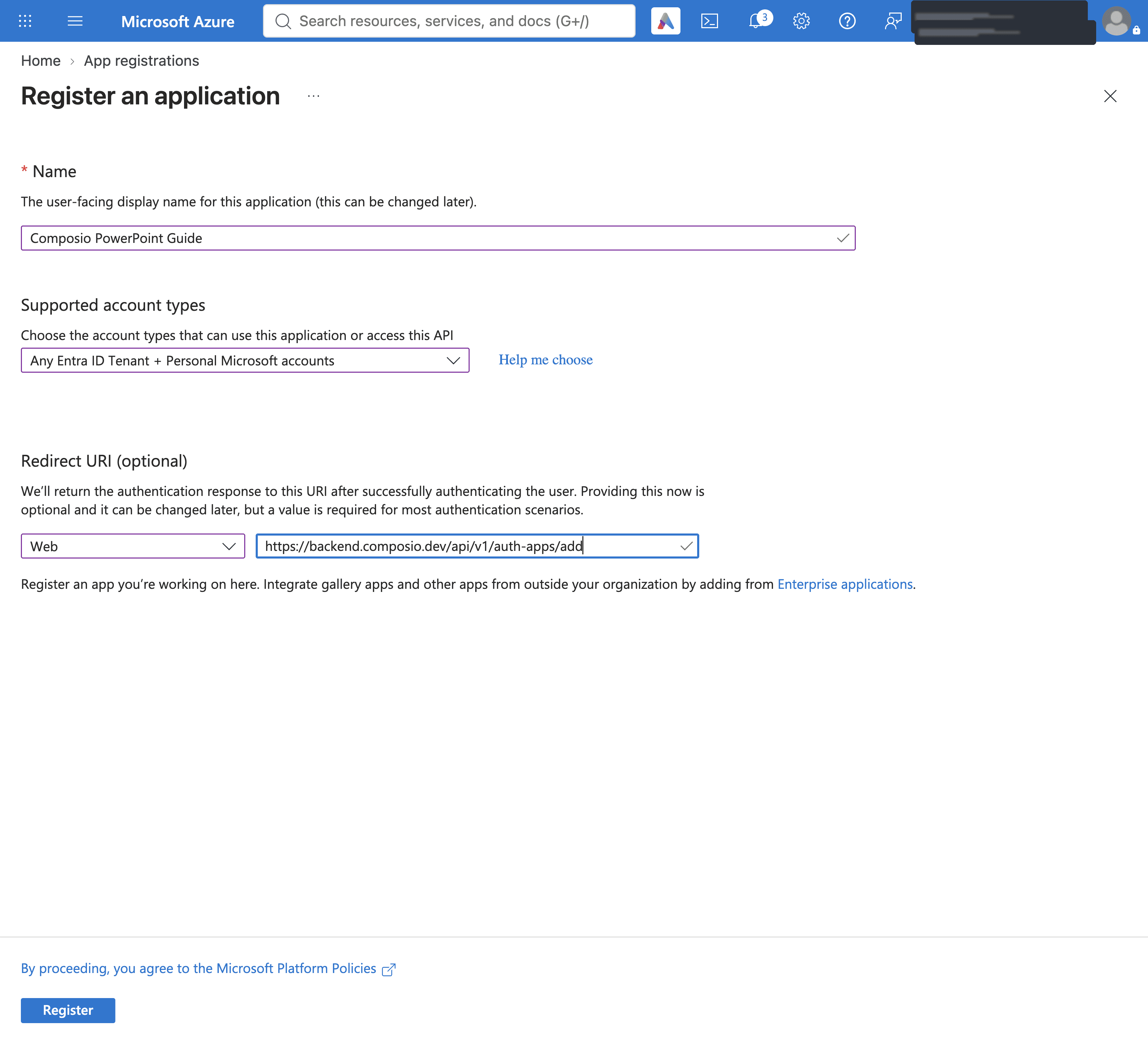 Register an application form filled in with name, account type and redirect URI