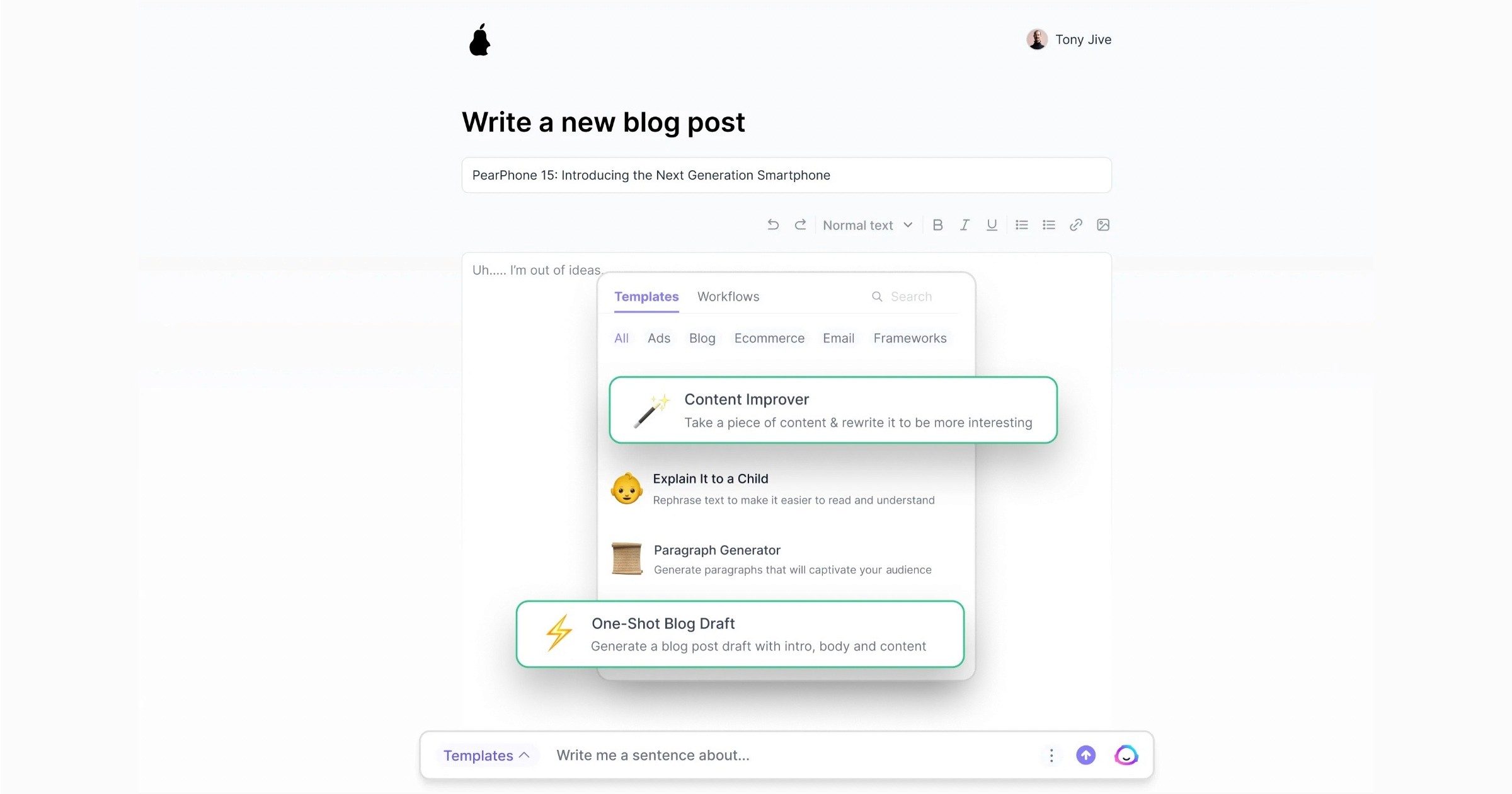 A chat interface of AI-powered writing assistant