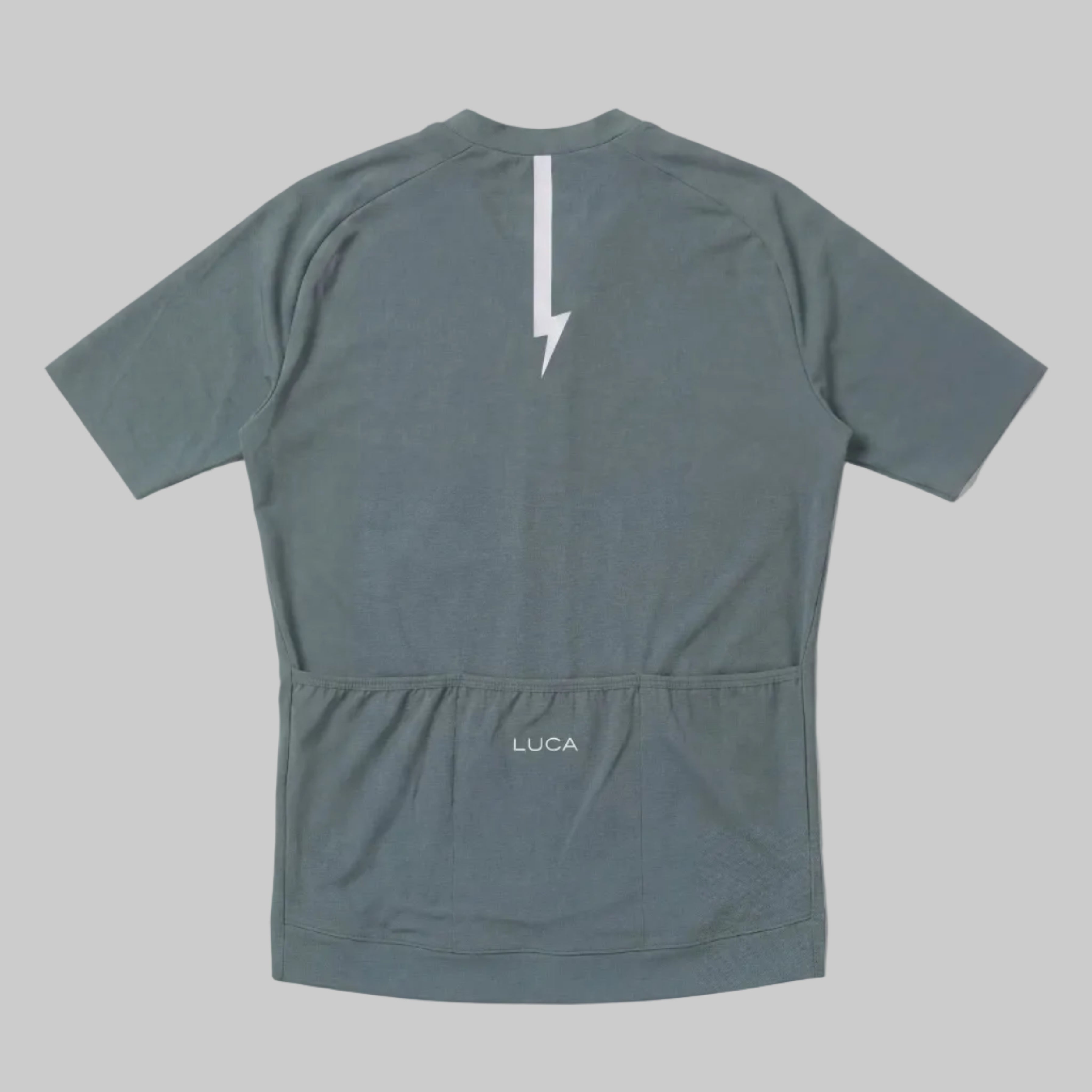 LUCA Soleil women's cycling jersey in matcha - back view with reflective bolt and pocket detail