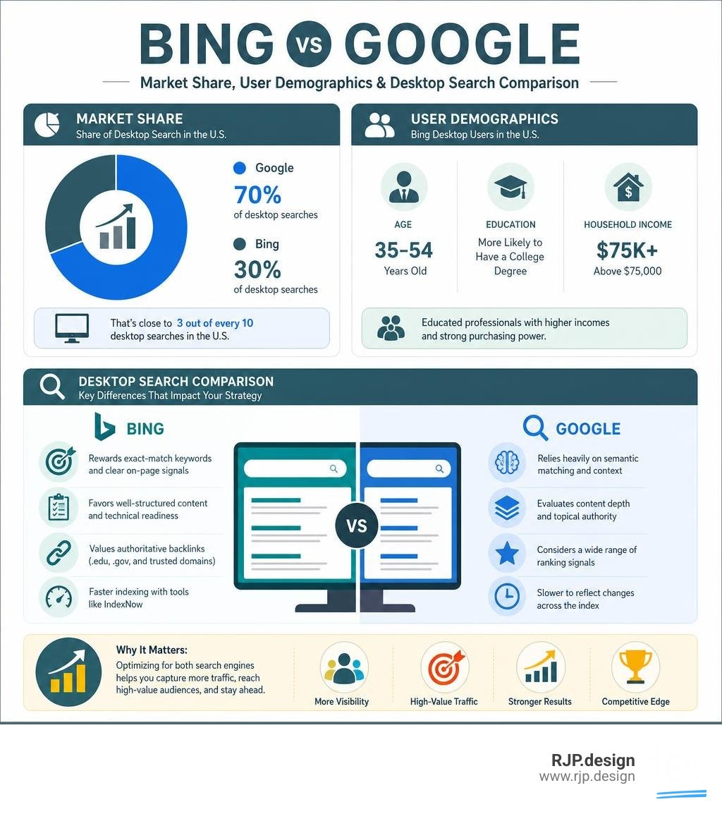 Bing vs Google market share, user demographics, and desktop search comparison infographic infographic