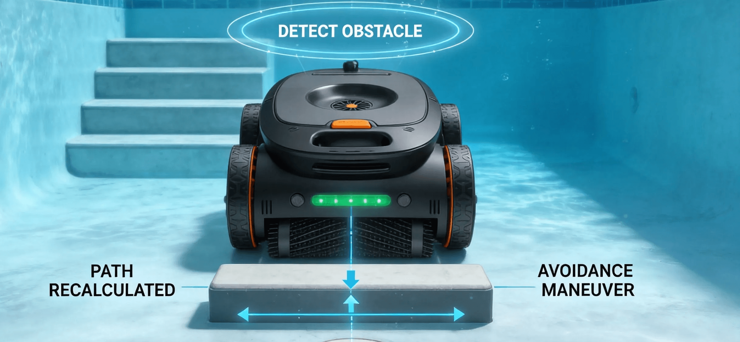 Internal components of a robotic pool cleaner showing sensors, drive system, brushes, and filtration system
