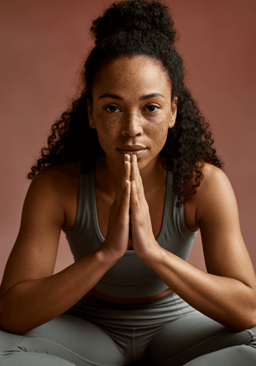 Portrait shot of a woman in a yoga outfit.