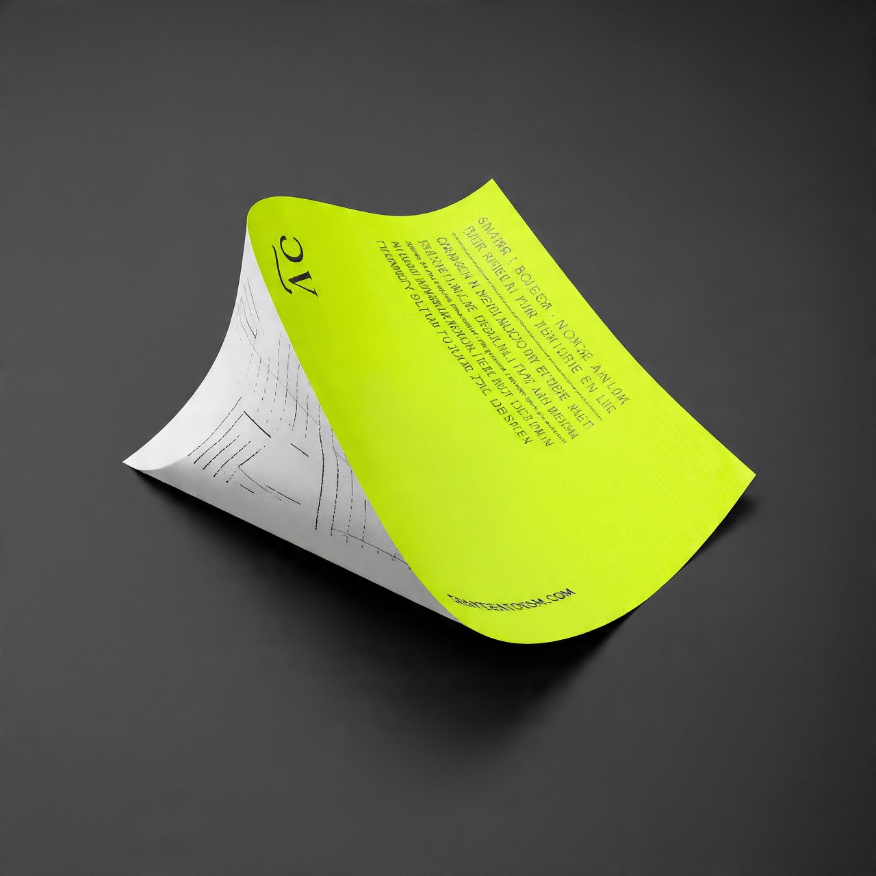 Piece of paper with a curled edge, bright yellow-green on one side with text, on a dark background.