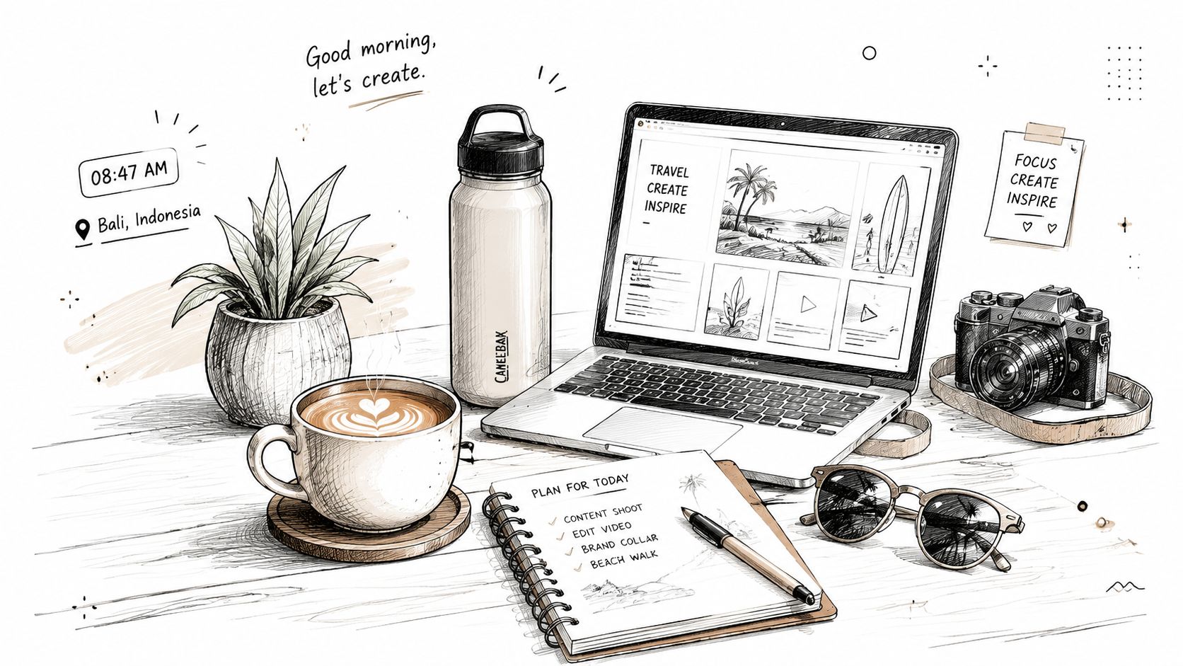 A cozy desk workspace flatlay with a laptop, camera, notebook, coffee, and tropical decor elements.