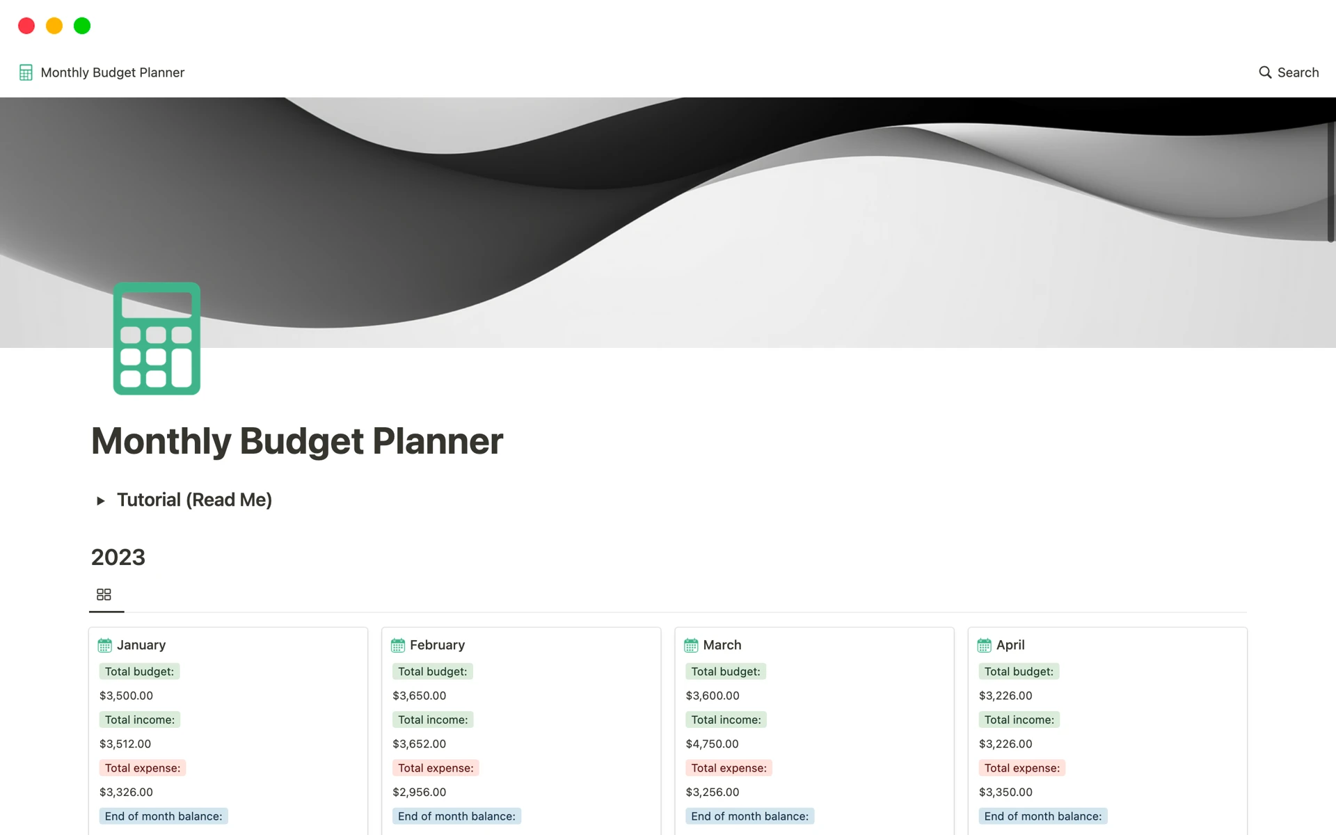 Monthly Budget Planner Notion template with elegant wave design header, showing monthly financial summaries from January to April. Features green calculator icon and detailed breakdown of budget, income, expenses, and end-of-month balances