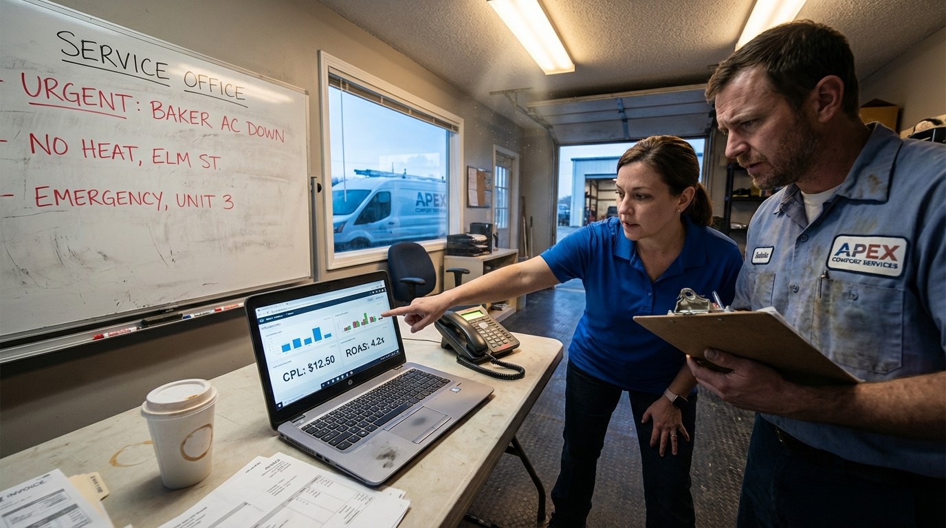 HVAC advertising ROI dashboard showing campaign performance metrics and benchmarks