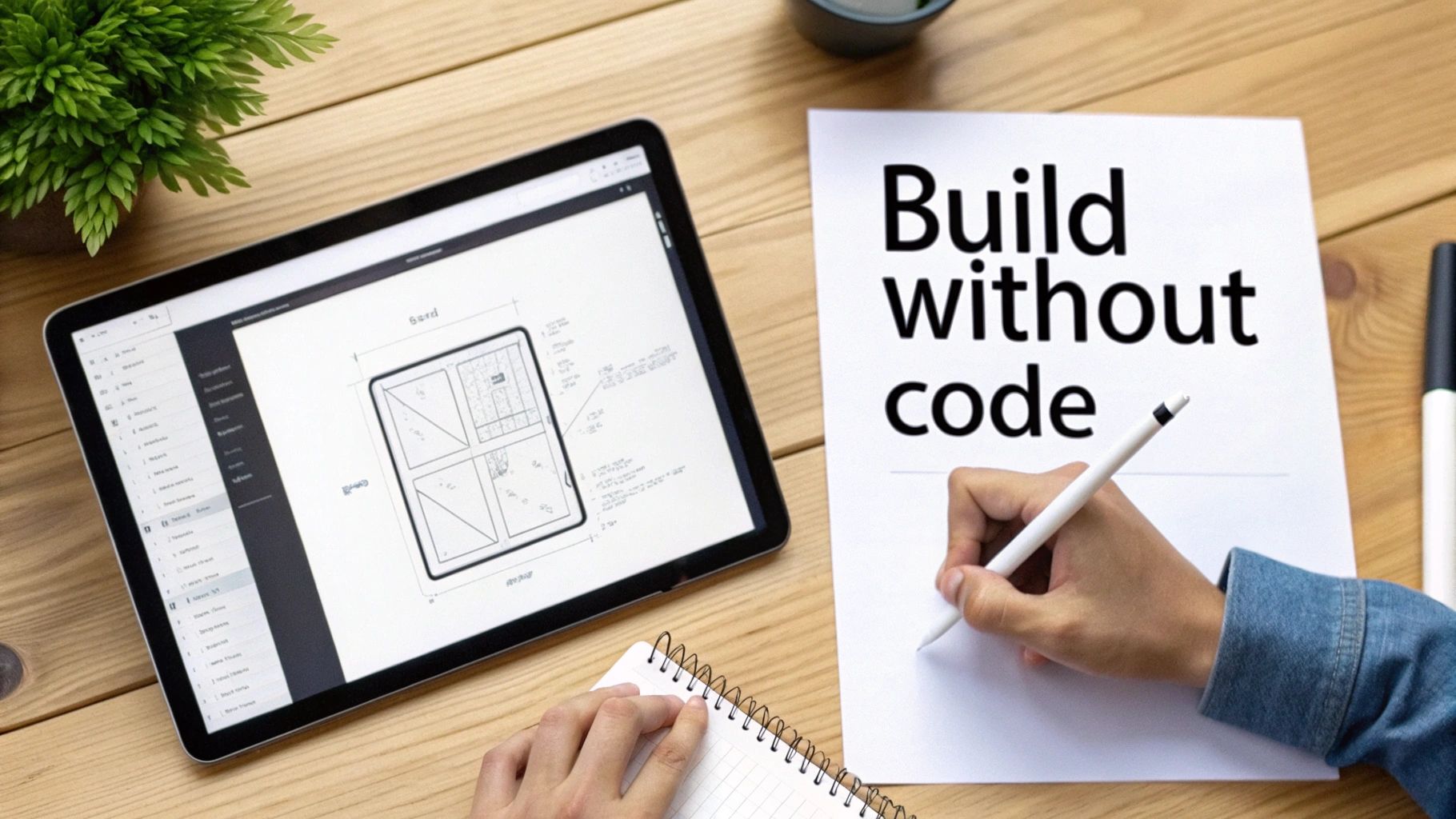A person sketching app ideas on a whiteboard, symbolizing the creative process behind building an app without code.