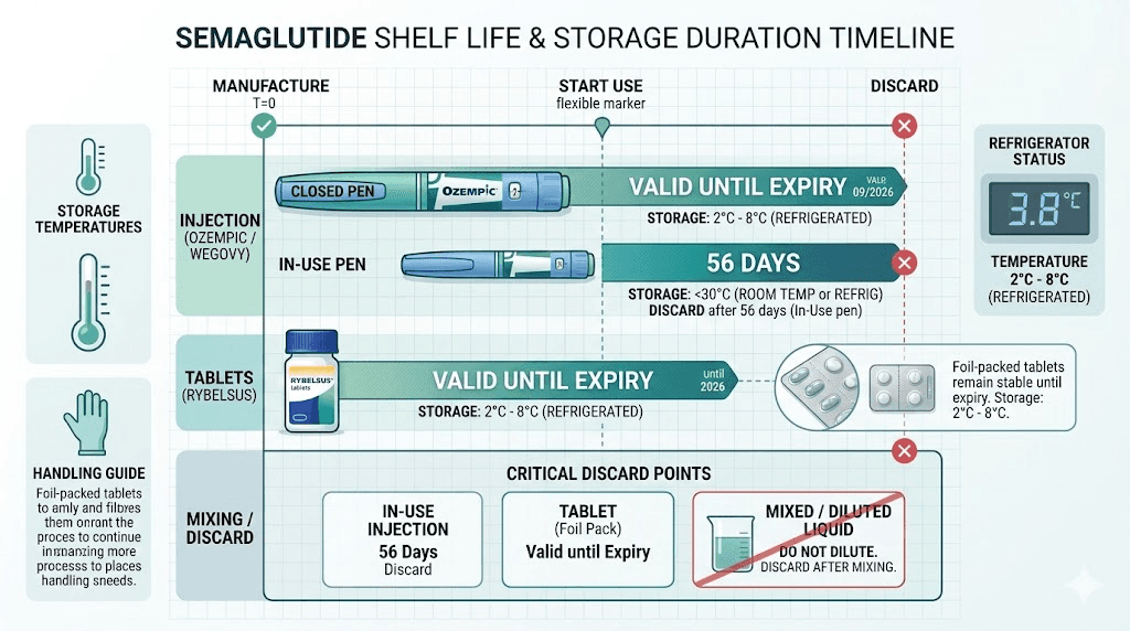 Semaglutide shelf life timeline for unopened, opened, and reconstituted forms