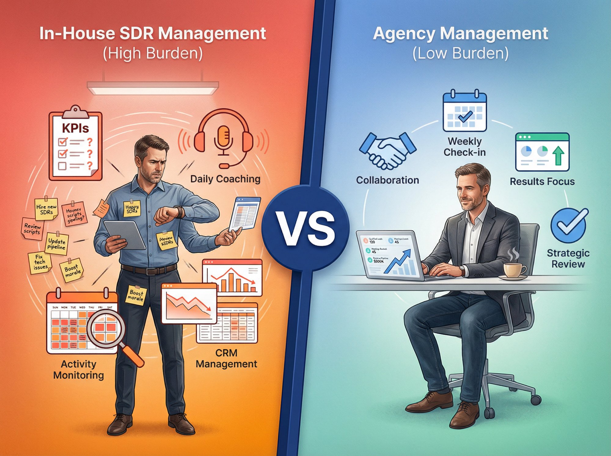 Split-panel comparison showing overwhelmed founder managing in-house SDR vs relaxed leader collaborating with agency