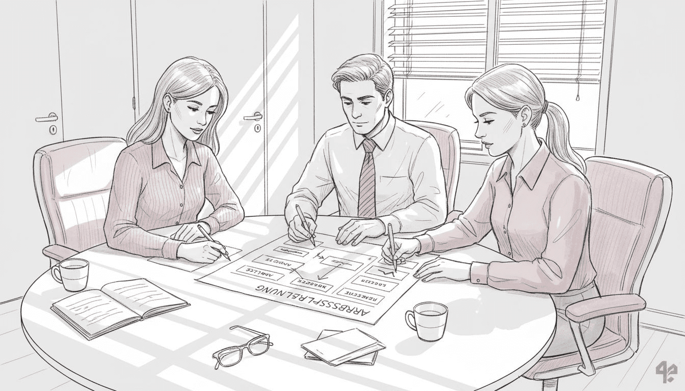 Das Team sitzt gemeinsam am Tisch und analysiert die Abläufe.