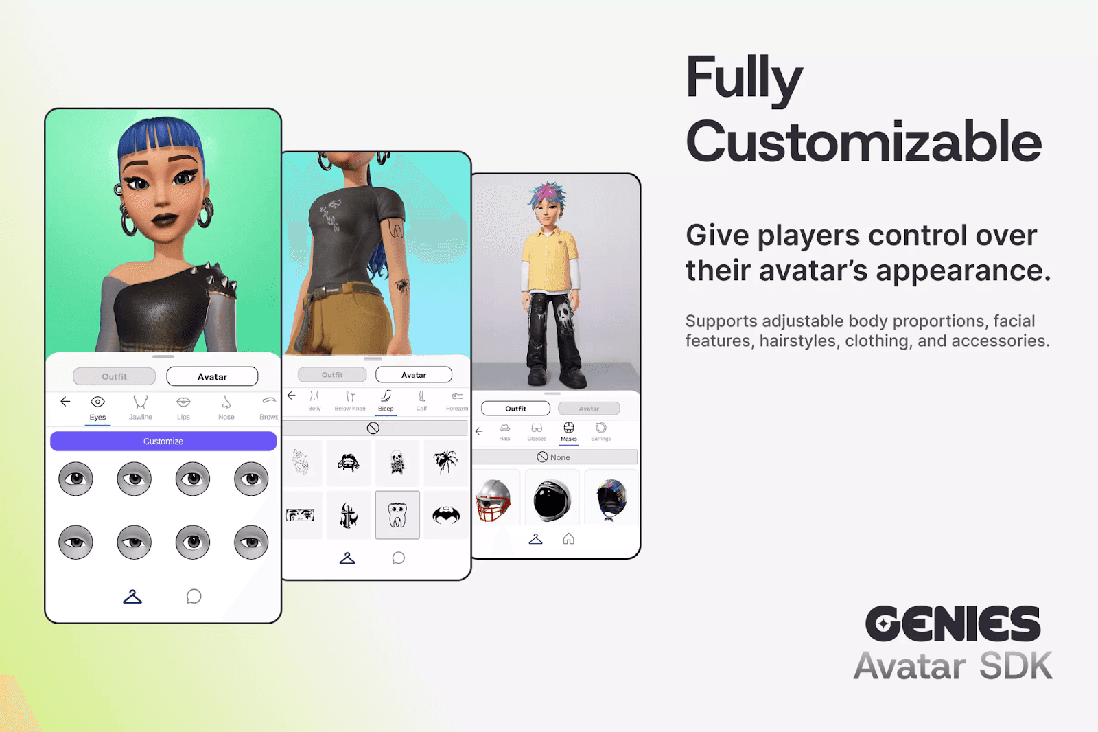 Genies Avatar SDK interface showing customizable avatars with controls for facial features, hairstyles, clothing, and accessories.
