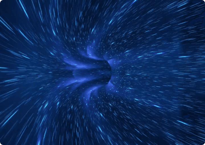 Blue wormhole or hyperspace tunnel effect with streaking stars and light trails suggesting high-speed space travel.