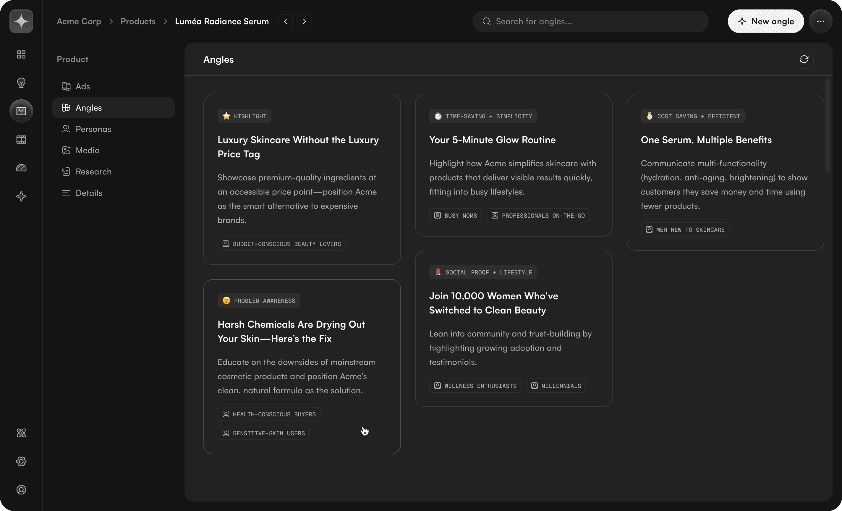 UI screenshot having a list of creative angles and personas
