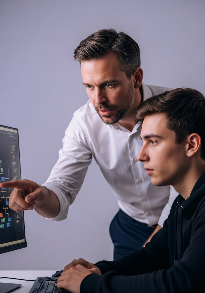 A young person with curly hair smiles at the camera while sitting in front of a laptop against a dark background.
