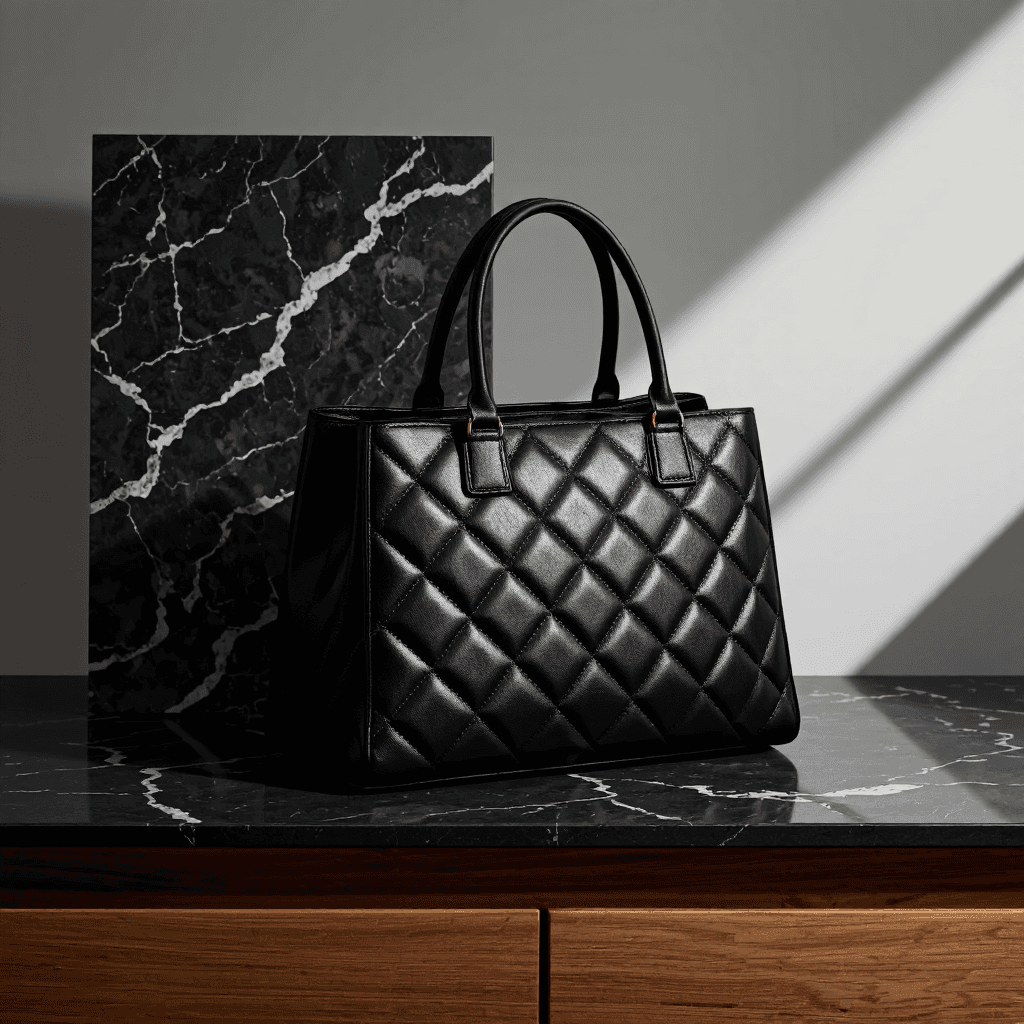 product photography of a handbag made of shiny black leather with a quilted design
