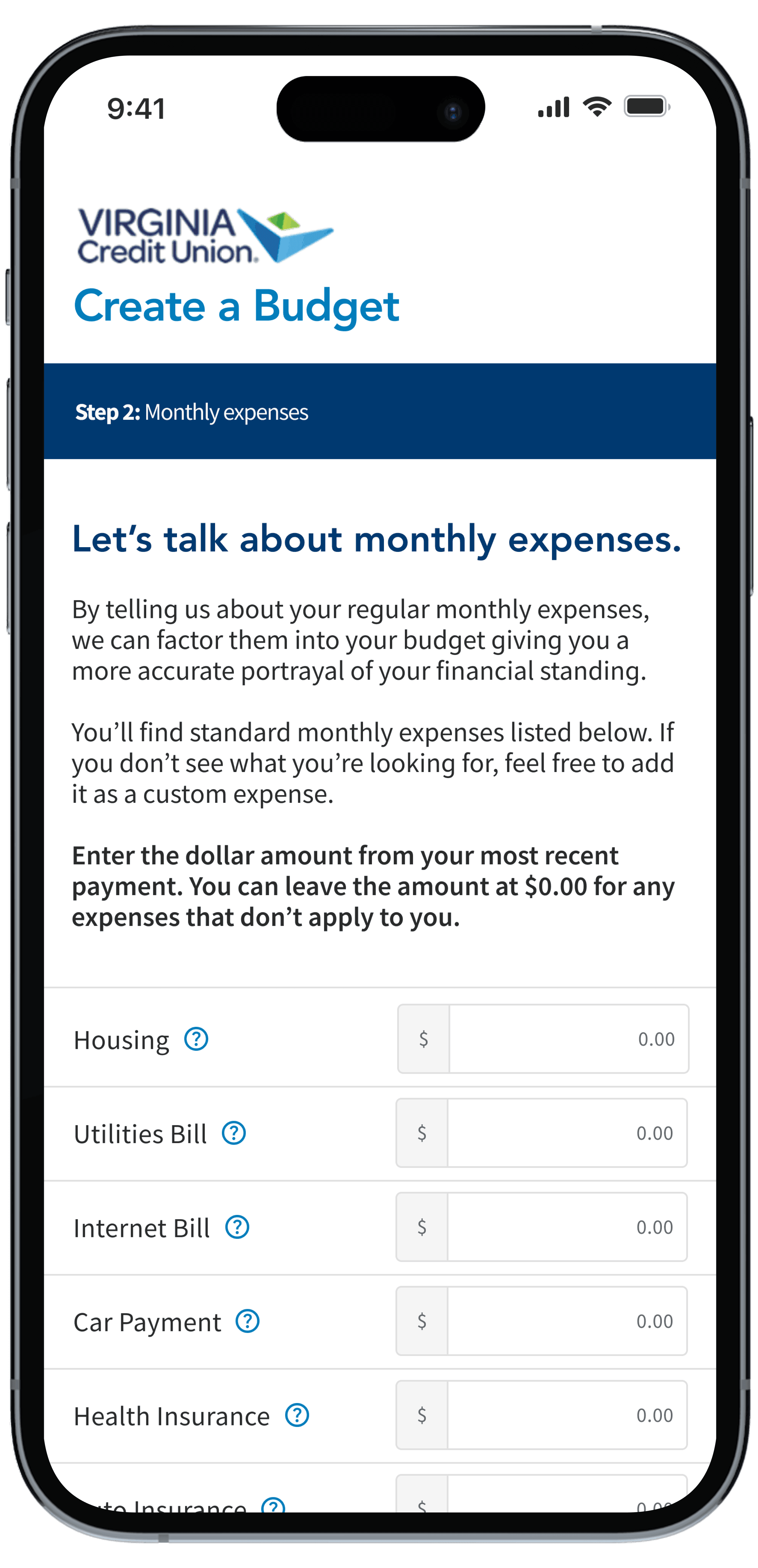 iPhone mockup of VACU's monthly expense step of setting up the budget