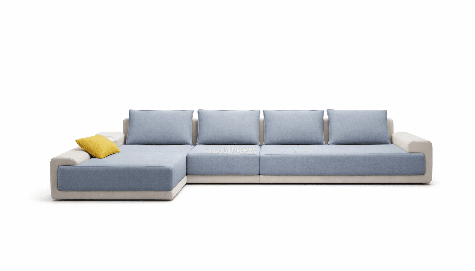 Low‑profile sofa with structured cushions and balanced symmetrical form