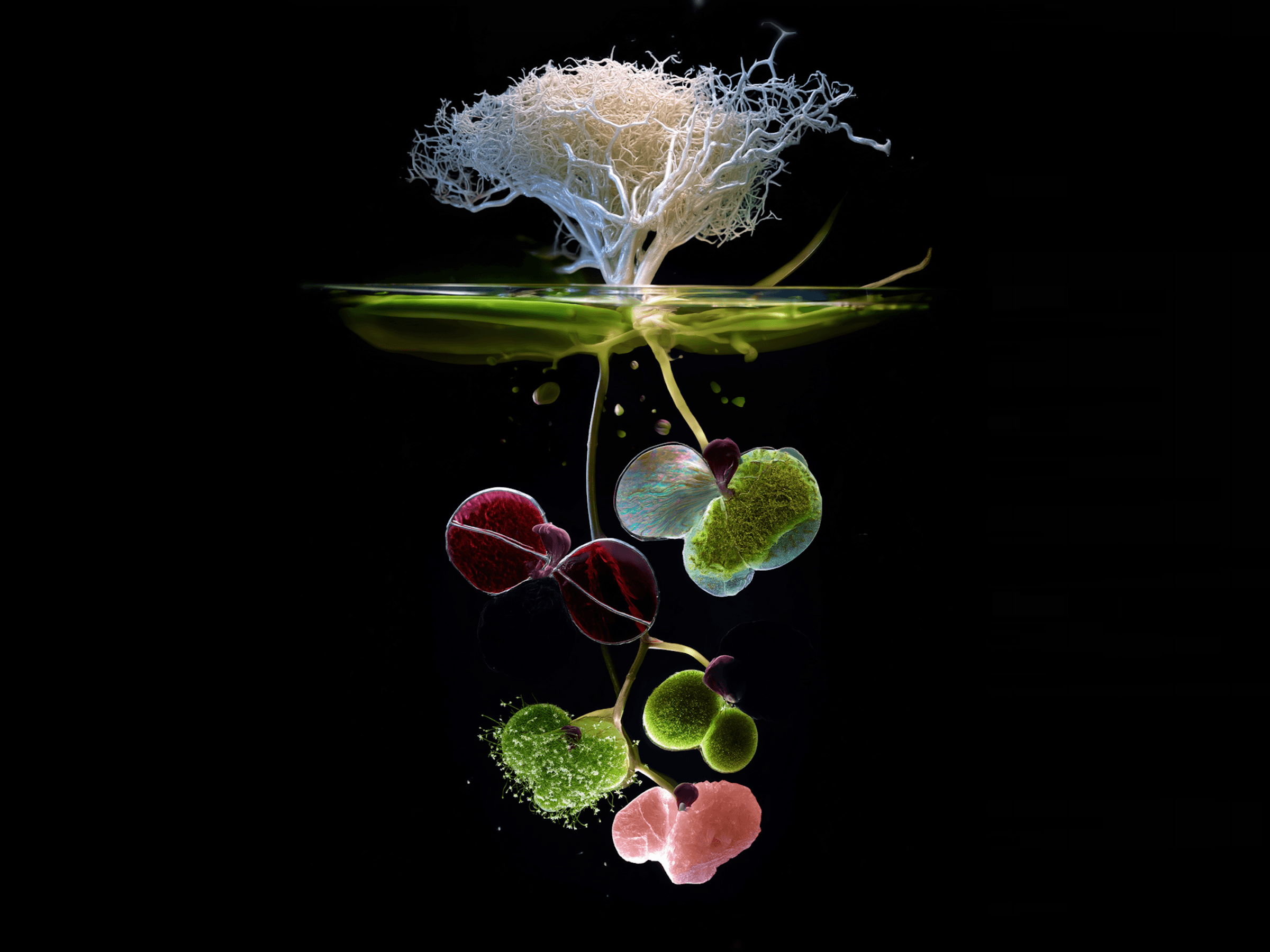 Microscopic plant organism floating in dark water — representing Jakob von Uexküll's concept of Umwelt and the subjective sensory universe of living creatures