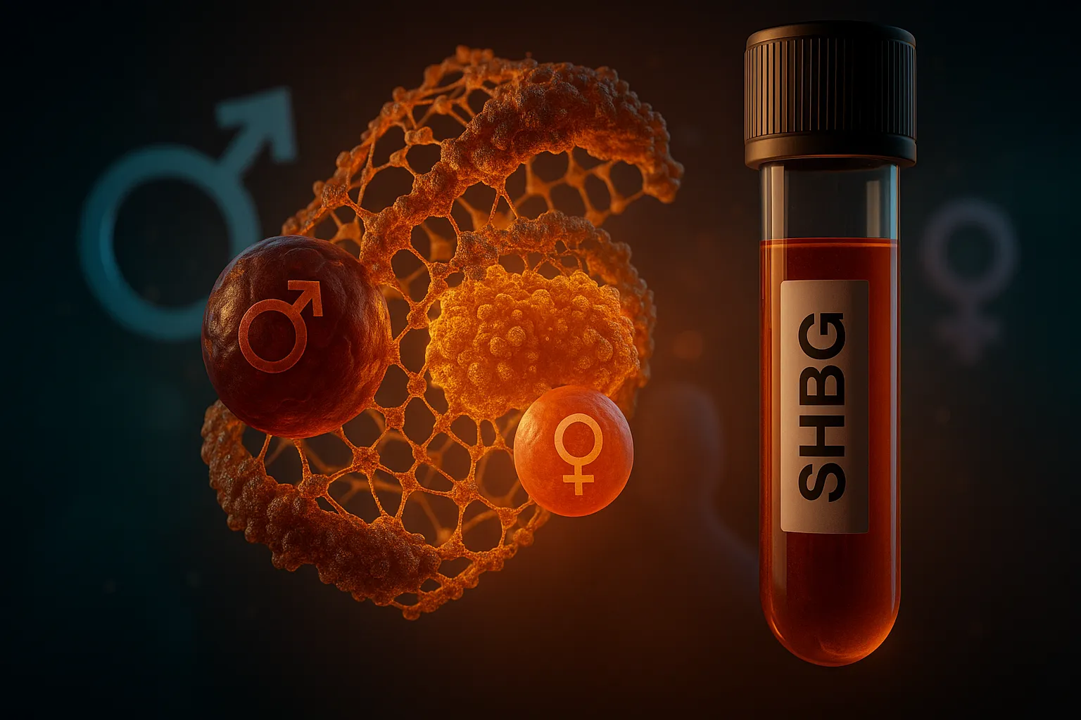 Blood tube labeled SHBG next to a glowing protein mesh holding male and female hormone spheres.