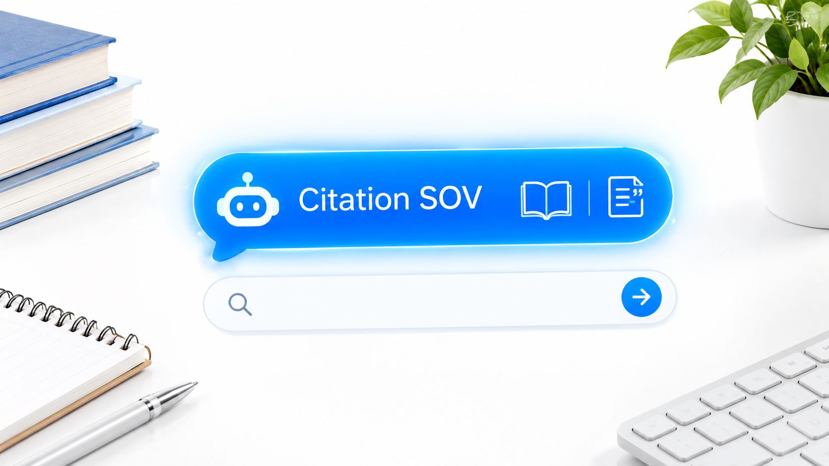 A digital search interface for Citation SOV displayed on a desk with books, a pen, and a keyboard.