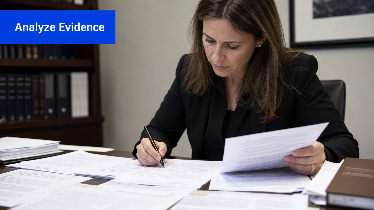 A professional woman in a dark blazer signs legal documents while sitting at her office desk.