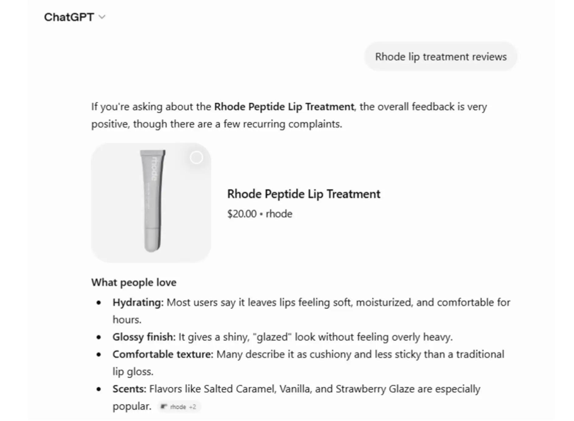 ChatGPT recommendation for Rhode Peptide Lip Treatment as the best hydrating lip balm.