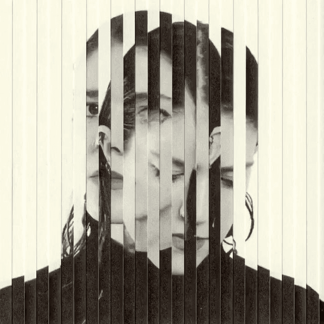 Sliced photo collage of a woman's face repeated in vertical strips