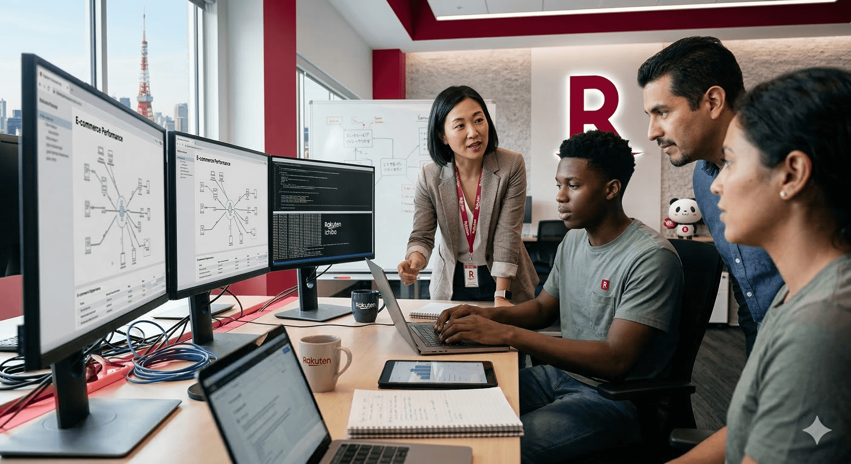 A diverse team collaborates in a modern office, analyzing data and code on multiple computer screens, illustrating how Rakuten cuts MTTR 50% with Codex (AI Coding Agent) for enhanced efficiency.