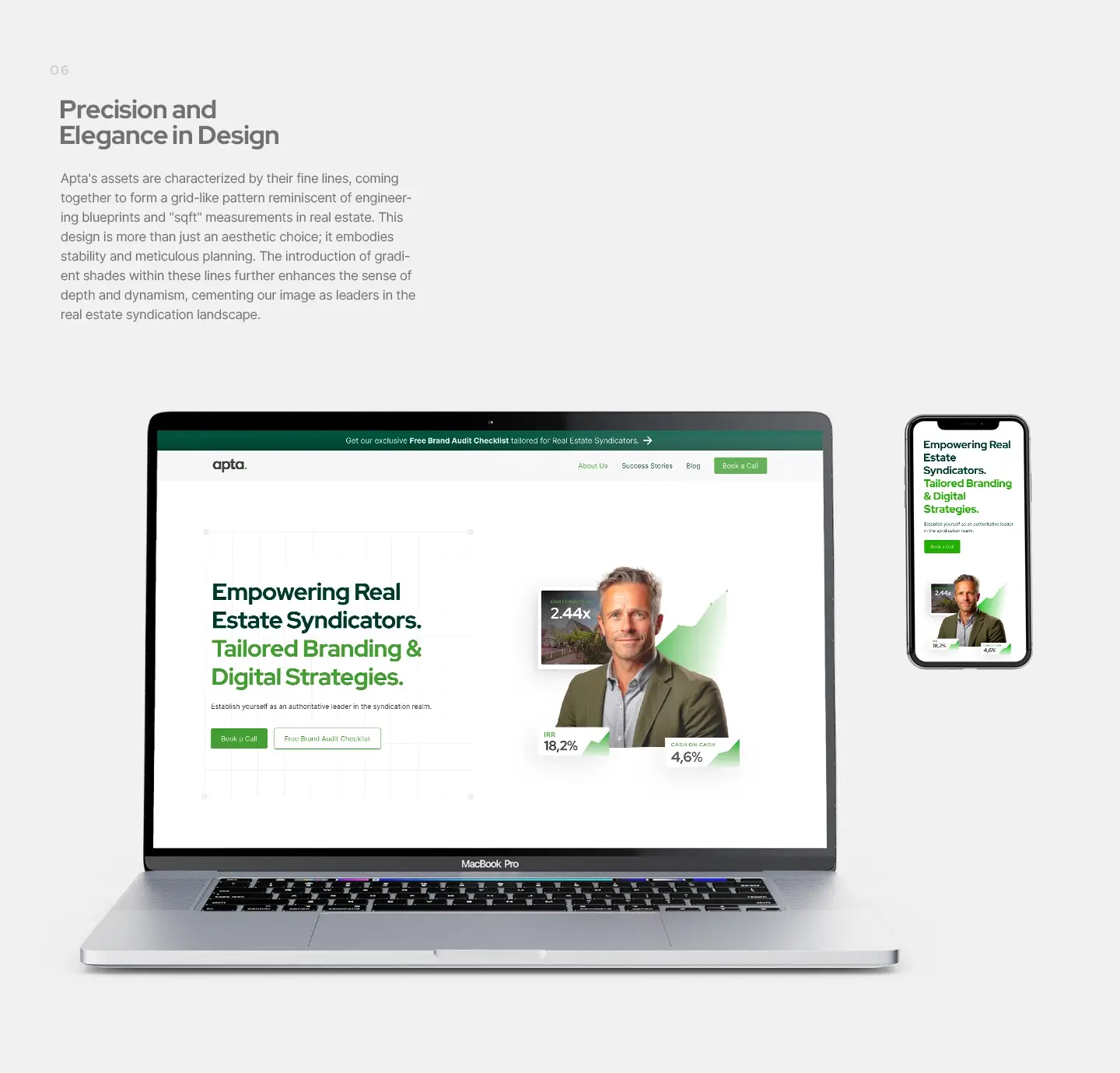 Responsive desktop and mobile UI showcasing Apta's grid-based visual language, blending engineering precision with brand elegance to reinforce authority in real estate syndication.