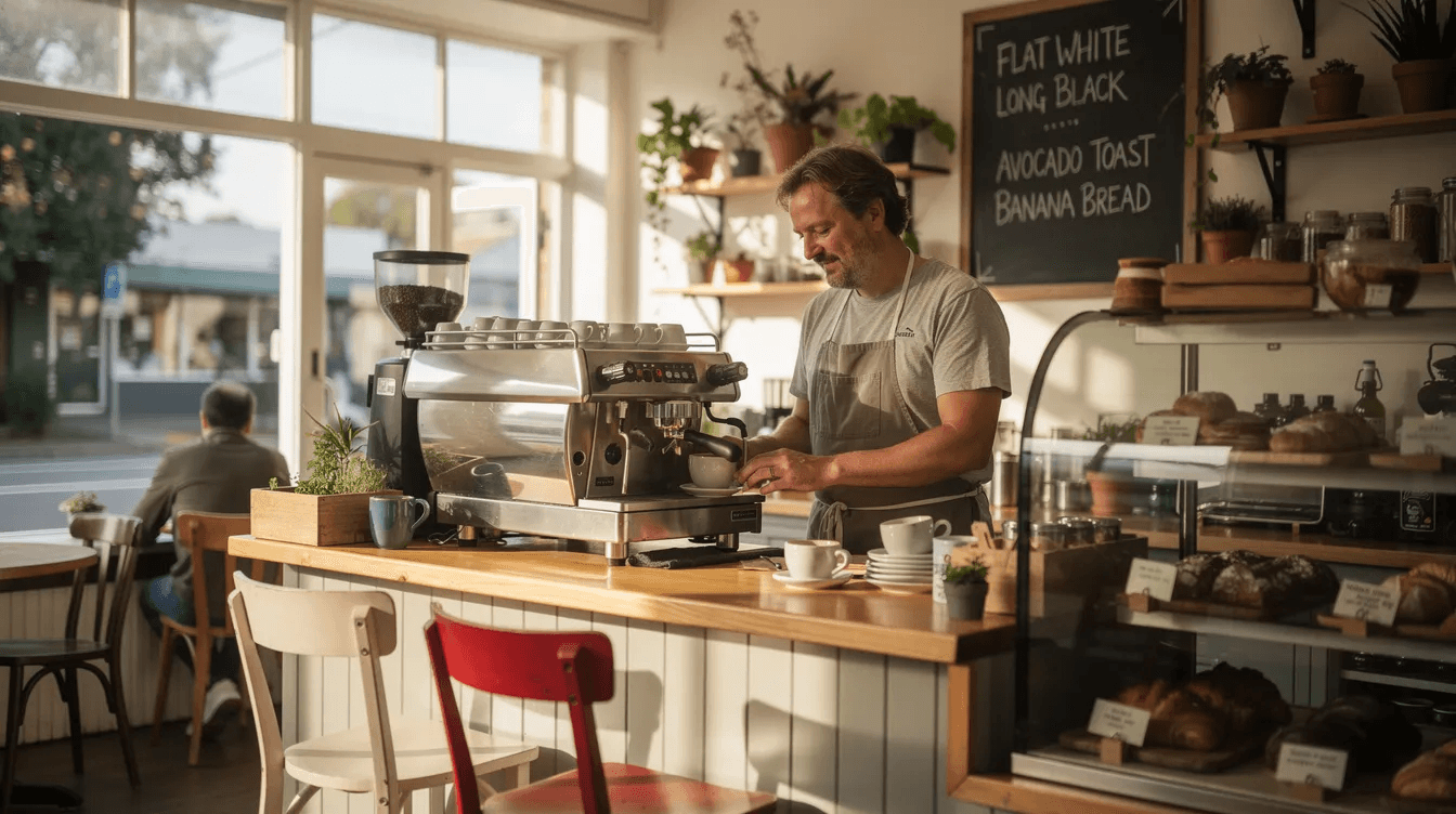 A small Australian café owner stands behind the counter, preparing for a quiet weekday morning, surrounded by freshly brewed coffee and pastries. This scene highlights the daily operations of small business owners who often manage their cash flow and cover business expenses with tools like a business overdraft facility to handle unexpected expenses.