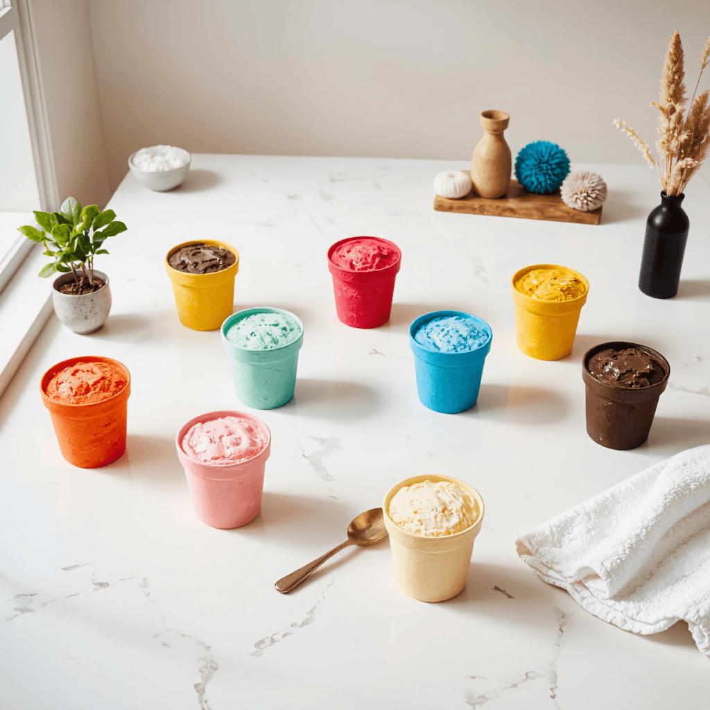 product photography of a set of ice cream containers