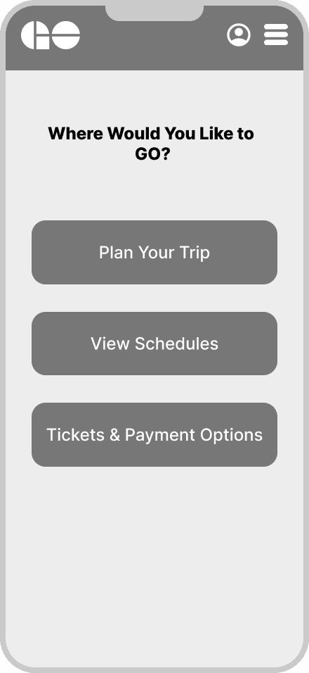 Mobile app home screen with three buttons: Plan Your Trip, View Schedules, and Tickets & Payment Options.