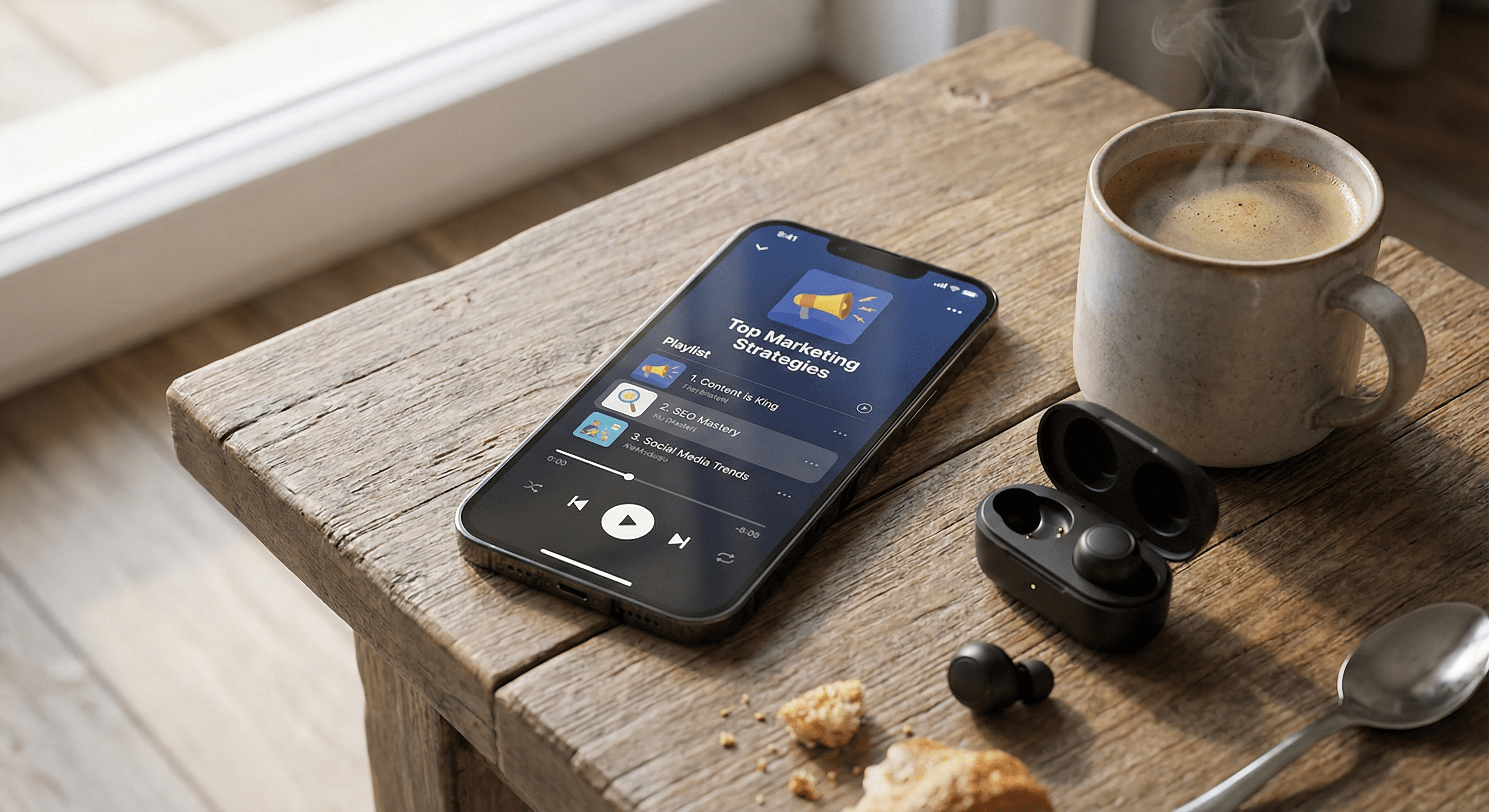 Smartphone displaying marketing podcasts playlist next to coffee.