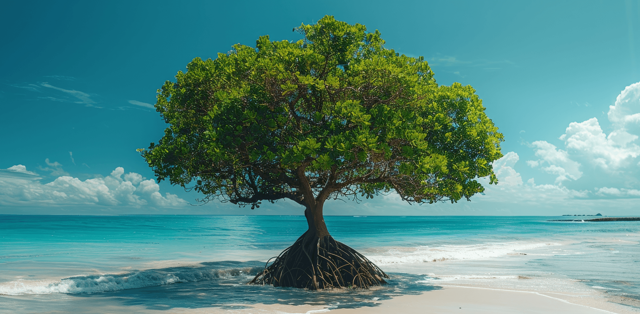  Gemini said A lush green tree with tangled roots on a sunny tropical beach.