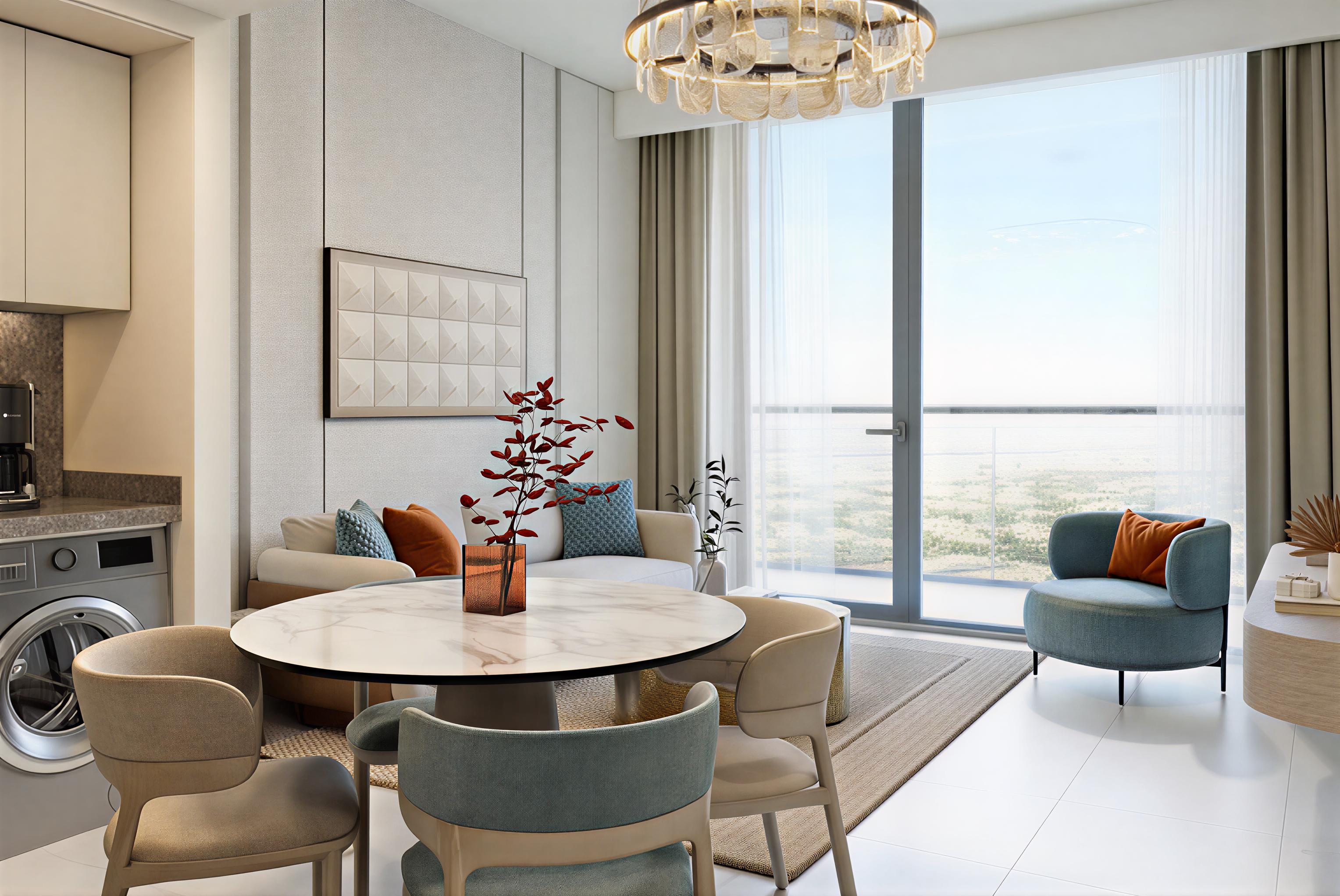 A modern living room with large windows showcasing a panoramic view of the city skyline.