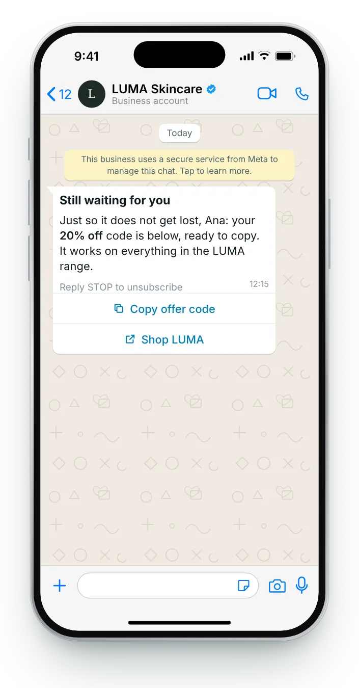 A reminder that it is still there: WhatsApp coupon code message on an iPhone