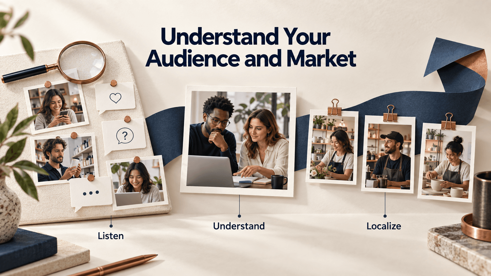 Audience research process showing how teams listen to customers, understand their needs, and localize social media content.
