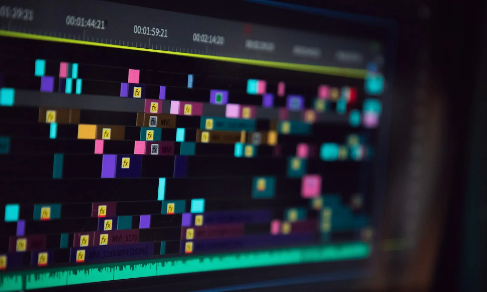 Close-up of a dark animation and video editing timeline on a monitor, with colorful clips, effect markers and an audio waveform track