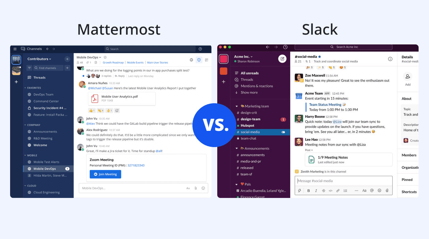 Mattermost vs. Slack features comparison image.