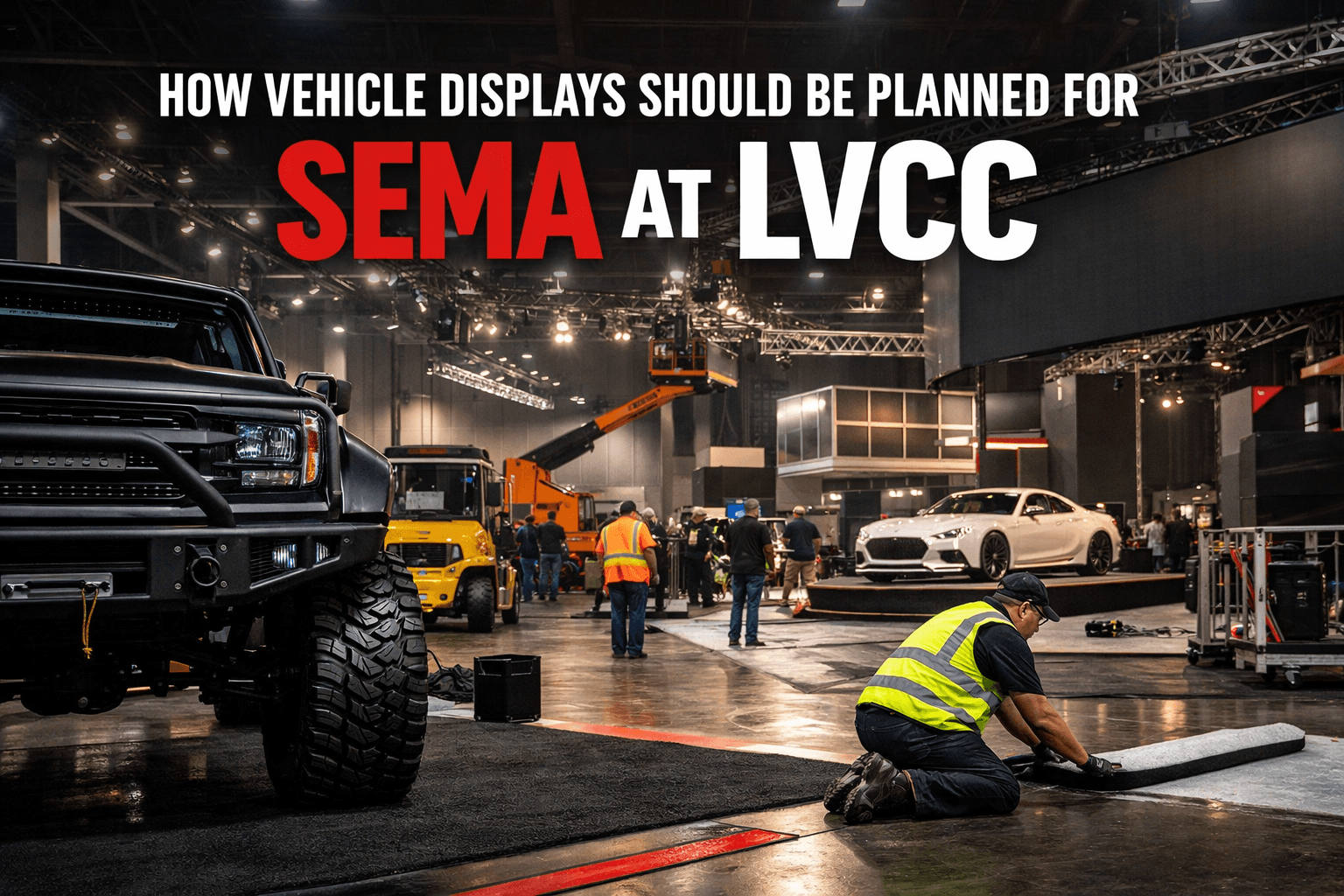 SEMA Show vehicle display booth setup planning at LVCC in Las Vegas with custom exhibit installation and automotive trade show layout