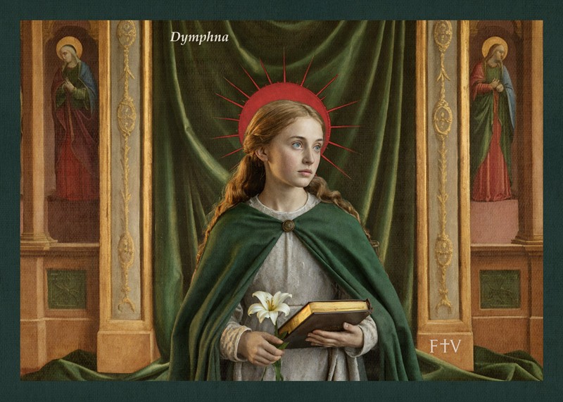 Sacred artwork by Faith and Verse. © Faith and Verse, 2025. All rights reserved. Traditional Catholic art postcard featuring Saint Dymphna in devotional portrait style.