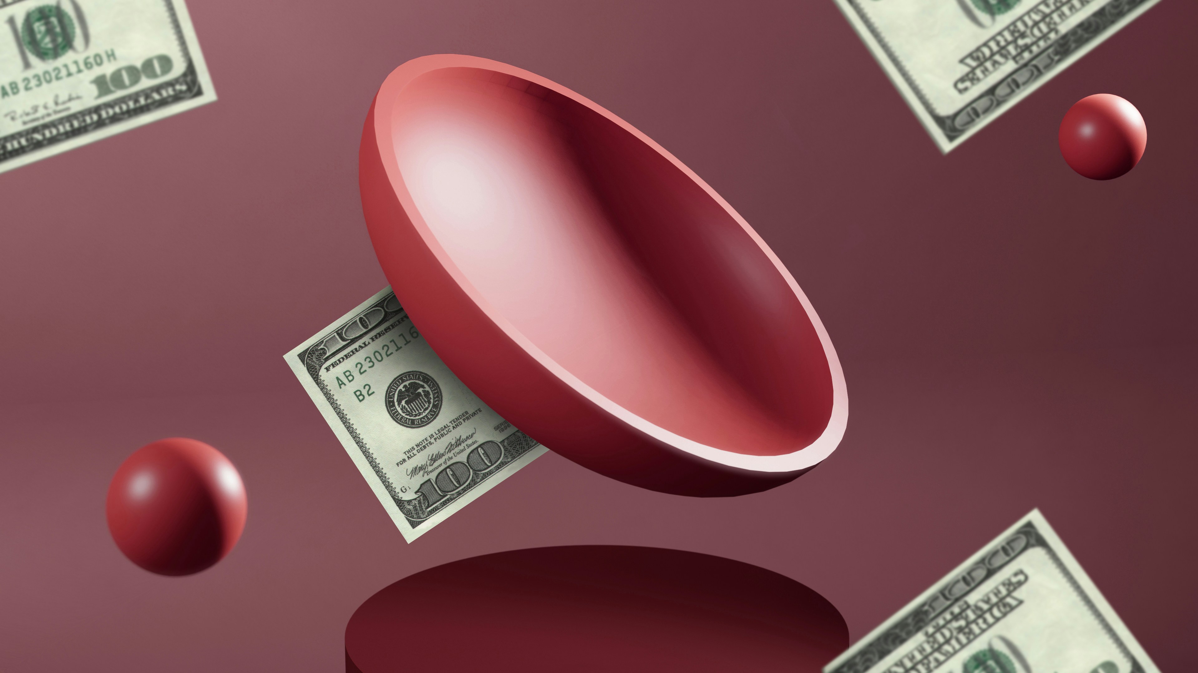 A $100 bill being hidden behind a bowl. Bills float around in the air.
