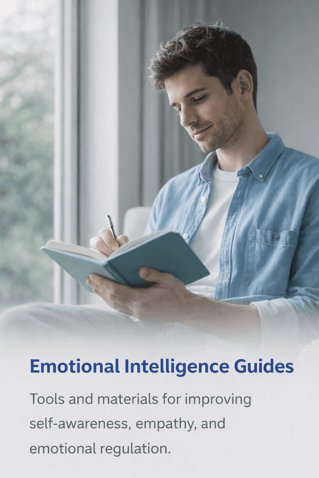 A man in a blue shirt sitting thoughtfully and writing in a notebook, representing self-reflection and the study of emotional intelligence.