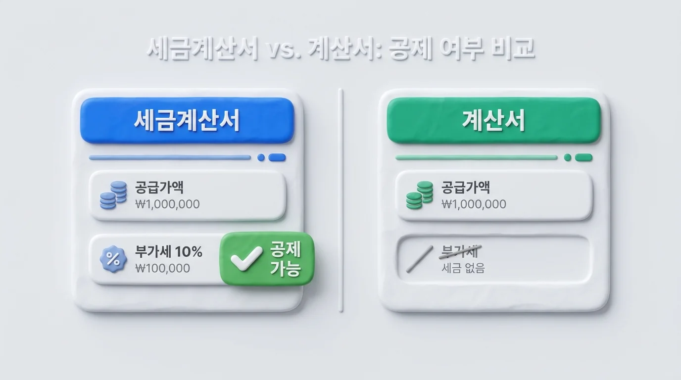세금계산서는 공급가액과 부가세 10%, 계산서는 공급가액만, 매입세액공제 차이