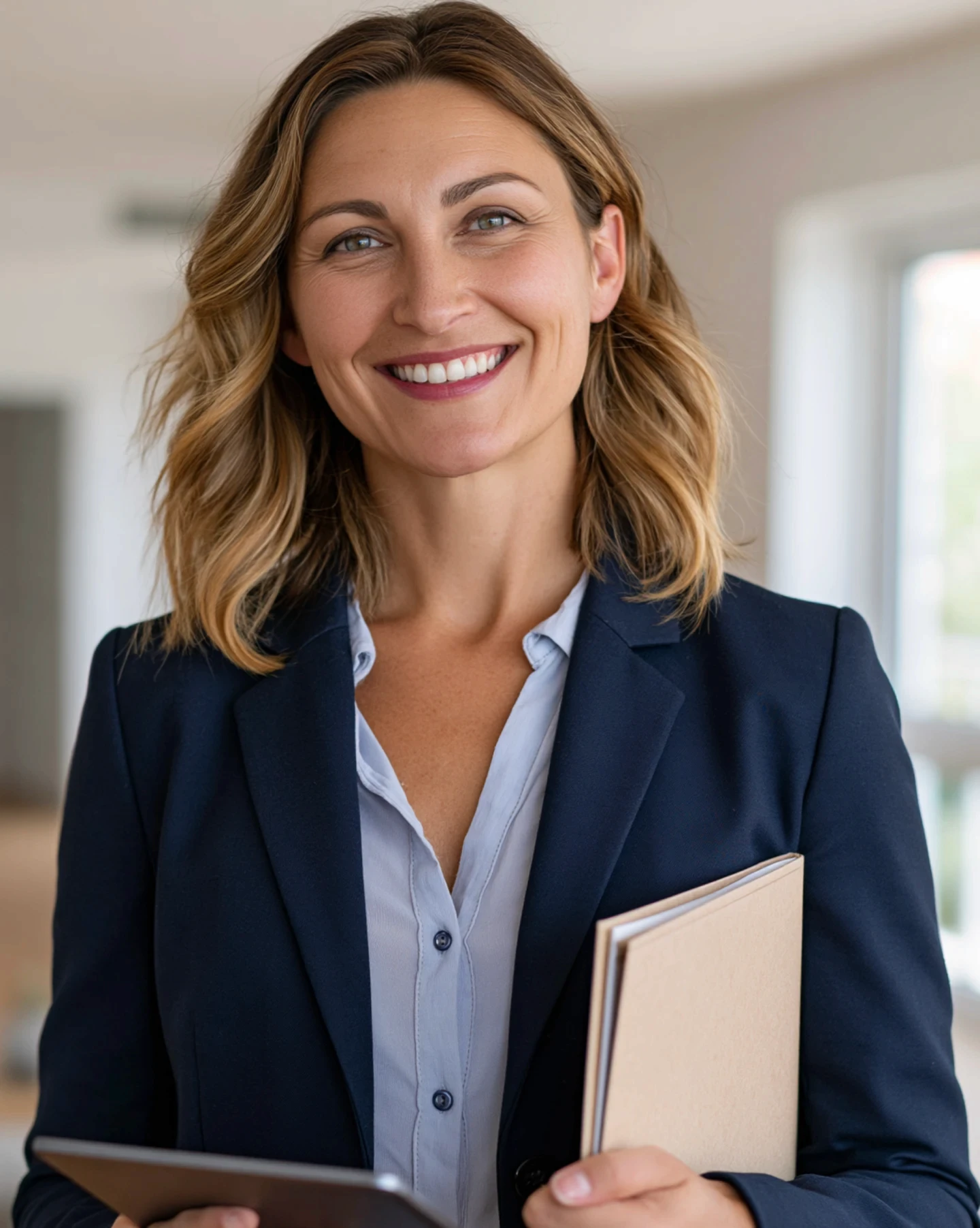 woman in office holding tablet and files