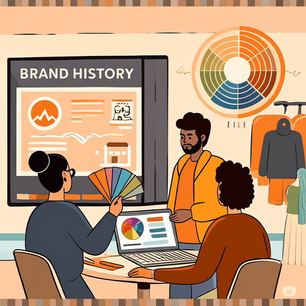 A horizontal-format, visually rich illustration that represents the concept of designing spaces to communicate brand stories. The scene includes a modern interior space blending physical and digital elements—such as a branded retail store, a digital screen showing brand history, mood boards, and storytelling zones. Designers are seen collaborating, sketching, and using AR/VR tools. The environment reflects brand identity through color, typography, and materials. The style is semi-realistic with a clean, professional, and creative atmosphere. Color palette includes warm neutrals, brand-specific accents, and soft lighting.