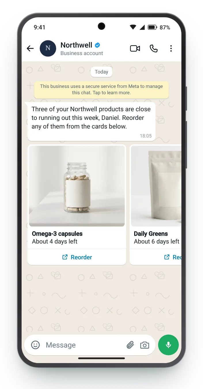 Three products running out together: WhatsApp reorder reminder on an Android phone